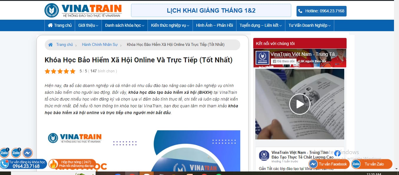 Khóa học Bảo hiểm xã hội Vinatrain ( Nguồn wedside Vinatrain)